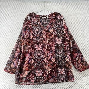 Soft Surroundings Paisley‎ Blouse Sheer Long Sleeve Tunic Top Boho Size L